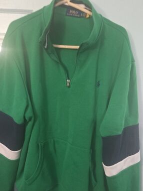 Polo by Ralph Lauren Green Quarter-Zip Sweater with Navy & White Sleeve Stripes